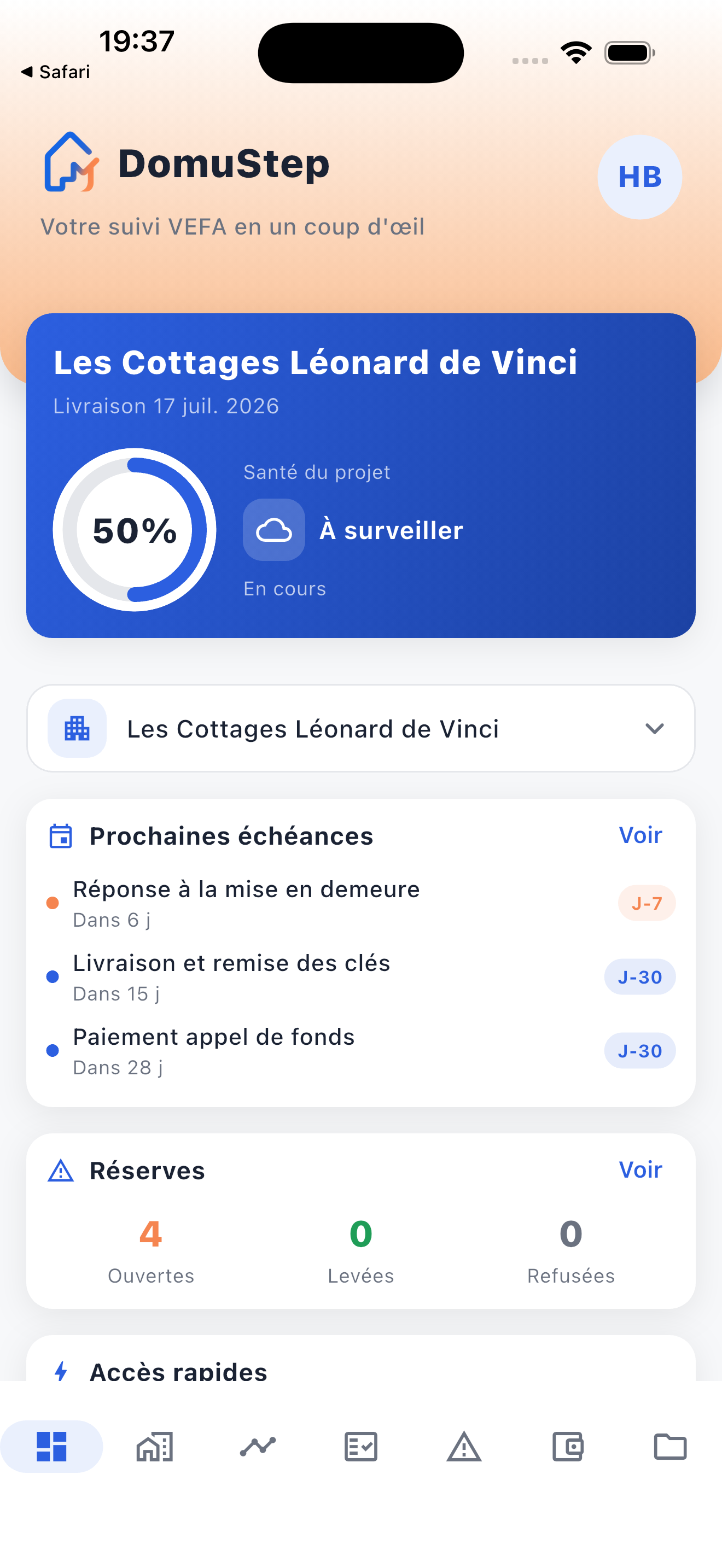 Écran d'accueil de l'application DomuStep VEFA